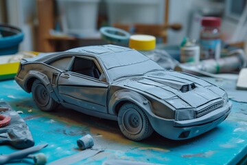 fashioning a plasticine car with detailed features - obrazy, fototapety, plakaty