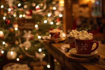 Obraz na płótnie Canvas A cozy winter cafe adorned with twinkling holiday lights, festive decorations, and steaming mugs of hot cocoa topped with marshmallows, Generative AI