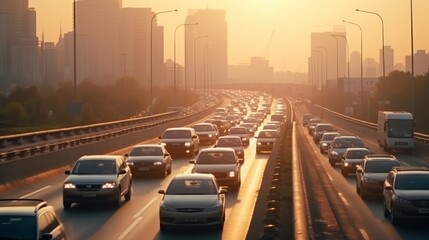  Car rush hours city street. Cars on highway in traffic jam  - obrazy, fototapety, plakaty