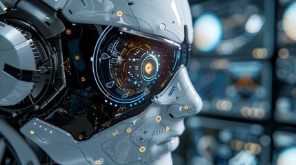 Advanced humanoid robot operating computer in the future. 3D render connected to technology.
