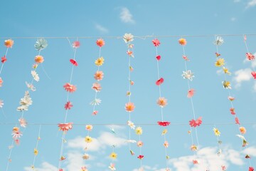 string of paper flower garlands against a blue sky