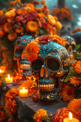 Fototapeta premium Sugar skulls on a Day of the Dead alter.