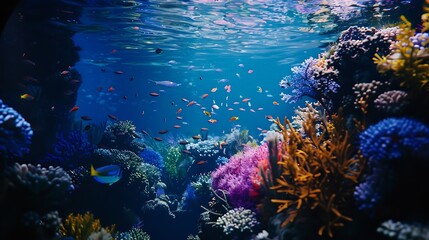 Fototapeta na wymiar Generative AI : underwater in the deep blue ocean with colorful fish and marine life 