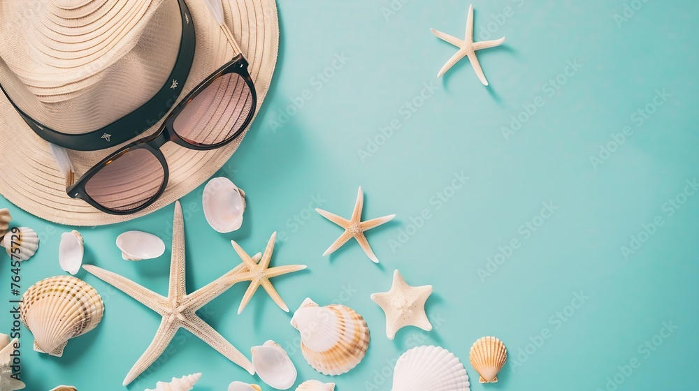 Poster generative ai : glasses and hat with shells and sea stars on a colored background. summer background