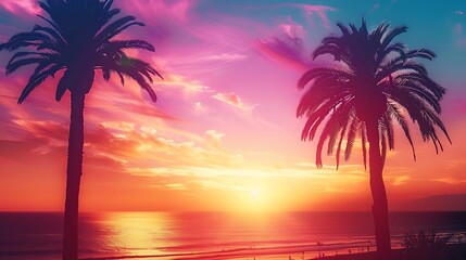 Generative AI : Summer sunset beach. Palm tree silhouette. Design of social media,  - obrazy, fototapety, plakaty