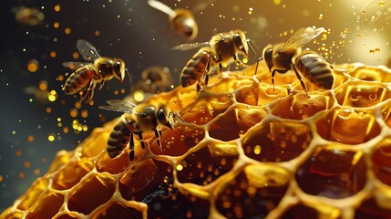 Generative AI : Honey bees store nectar on honeycombs. Wax, perga pollen and honey. - obrazy, fototapety, plakaty
