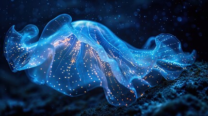 Exploring the depths of the ocean, bioluminescent organisms are harvested for their unique energy properties A photography shot from a low angle  - obrazy, fototapety, plakaty