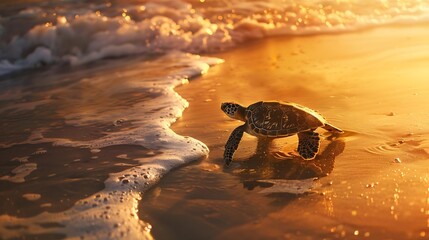 Generative AI : A magnificent sea turtle moves along sand washed by the waves in the bright orange rays 