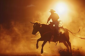 Cowboys compete in rodeo events like lassoing and bull riding showcasing their skills and bravery. Concept Rodeo Competitions, Cowboy Skills, Lassoing, Bull Riding, Western Heritage