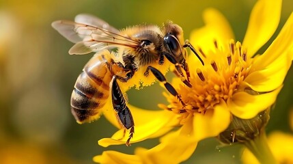 Generative AI : Flying honey bee collecting pollen at yellow flower.Bee flying over the yellow flower - obrazy, fototapety, plakaty