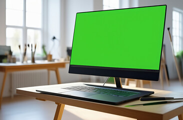 Mockup image of laptop with blank green screen on wooden table in art workspace