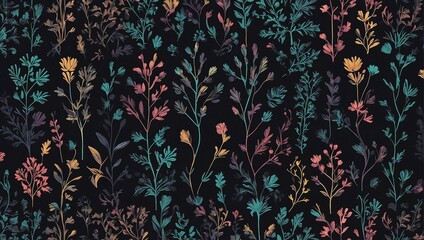 on a black background a pattern of blue, red, yellow and purple flowers and grass - obrazy, fototapety, plakaty