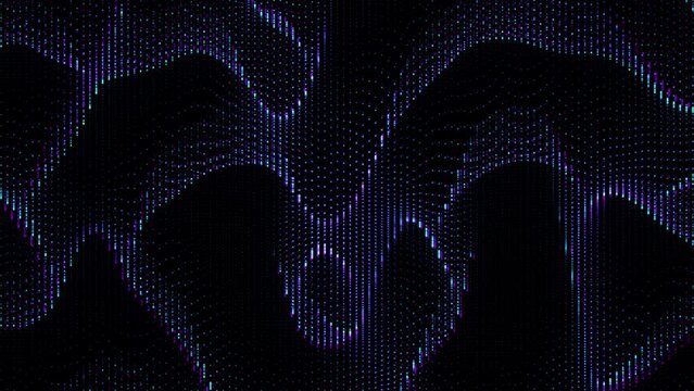 Smooth wave motion of dotted lines on black background. Abstract visualization of digital sound processing, sound waves equalizer and audio frequency signal. 4K looped motion of 3D digital soundwaves