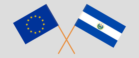Crossed flags of the European Union and El Salvador. Official colors. Correct proportion
