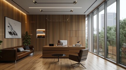 Clean and simple minimal style office, with a spacious desk, wooden floor and walls. A large window brightens the space, while comfortable office chairs and a cozy sofa provide comfort. The soft tones