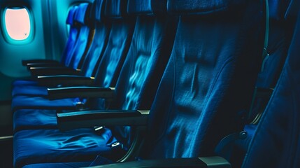 Generative AI : blue seats in economy class passenger section of aircraft