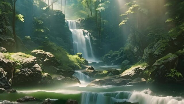 A breathtaking painting showcasing the tranquility of a waterfall nestled in the heart of a lush forest, waterfall in the forest, AI Generated