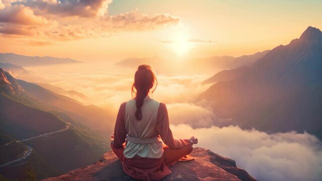 A woman sits atop a majestic mountain as the radiant colors of the sunset adorn the horizon, Young woman meditating at dawn on a mountain with panoramic views, AI Generated