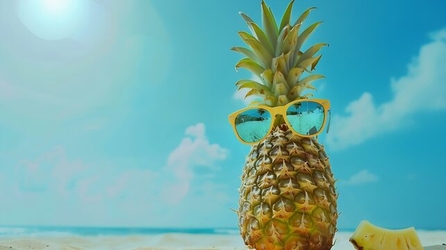 Generative AI : Summer Fashion on holiday concept. Pineapple wearing sunglasses and listen to music 
