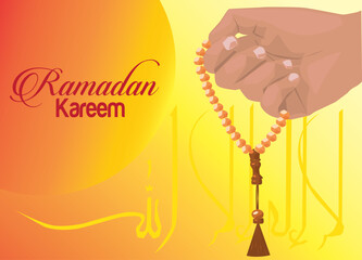 vector hand moslem holding gold rosary tasbeeh dzikr praying in day light dhuha or zuhur time ramadan kareem tahlil font arabic caligraphic gradient sunrise orange color