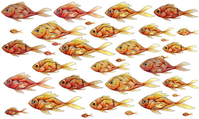 Siluetas de peces amarillos en el mar. Banco de peces pintados en acuarela. Fondo blanco. Estilo japonés, ornamental.