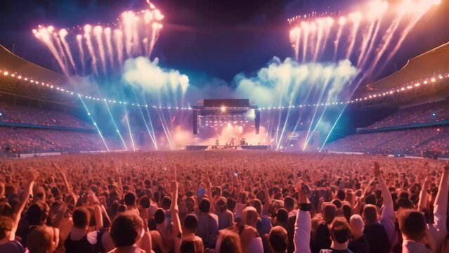 Crowd cheering at a live concert in front of a big screen, A live event, such as a concert or halftime show, taking place at a sports stadium, AI Generated