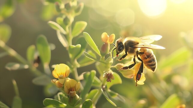 Generative AI : close up of detailed image of bee on green background