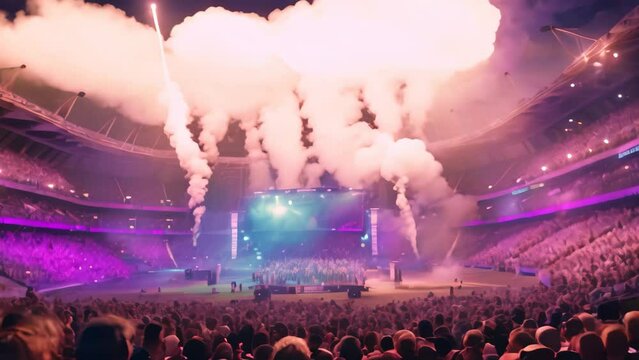 Stage lights and crowd of people in front of a big concert stage, A live event, such as a concert or halftime show, taking place at a sports stadium, AI Generated