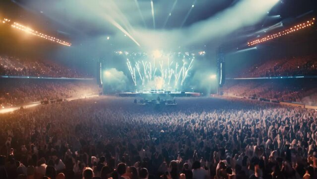 Concert crowd in front of bright stage lights and stage lights, A live event, such as a concert or halftime show, taking place at a sports stadium, AI Generated