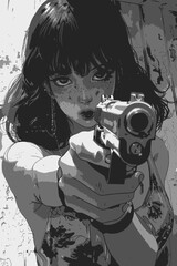 Female Woman with Gun , Pointing in Monochrome Anime Style