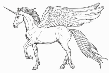 Pegasus with wings Coloring Book Sketch Illustration