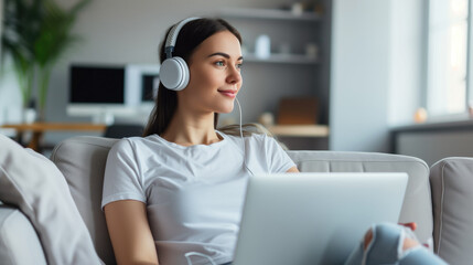 Young woman relaxing listenning music at home, generative ai