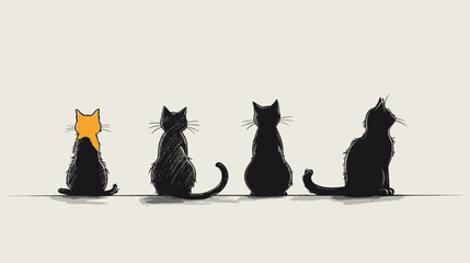 Four Cats with Rear View Line Art Illustration