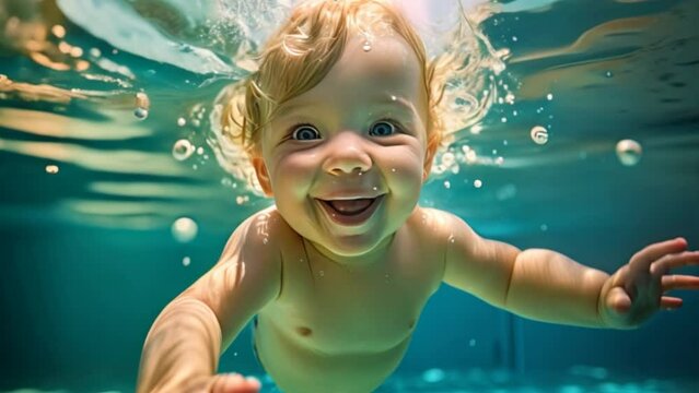 Happy child learning to swim Have fun diving underwater in the swimming pool