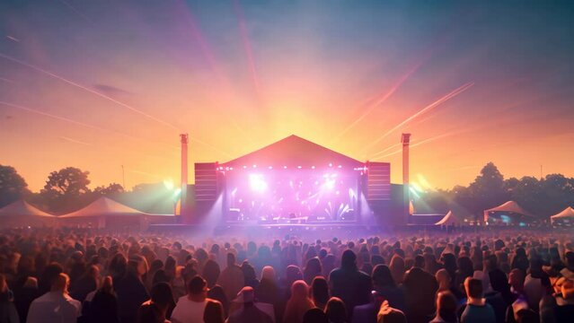 Concert stage with people silhouettes and rays of light at night, audience at an outdoor concert at stadium arena, AI Generated