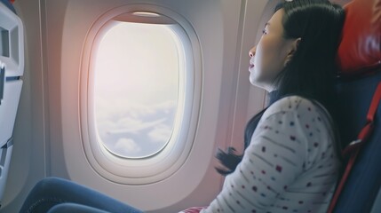 Generative AI : woman sitting in a seat in airplane and looking out the window going on a trip,  - obrazy, fototapety, plakaty