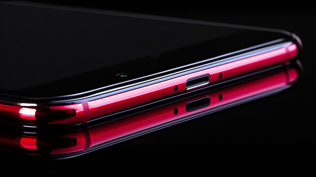 A smartphone with a thin red body on a dack background. Close-up