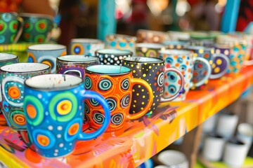 Fototapeta na wymiar handpainted mugs on a vibrant market stall display
