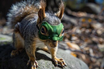 closeup of squirrel with a green hero mask, standing on rock - Powered by Adobe
