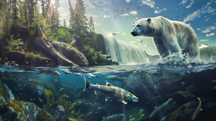 River with waterfall in northern, fishes under clear water and  mountain with polar bear above water - obrazy, fototapety, plakaty
