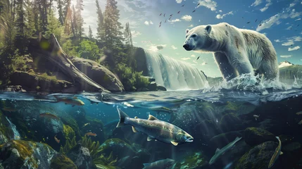 Foto op Plexiglas River with waterfall in northern, fishes under clear water and  mountain with polar bear above water © Maizal