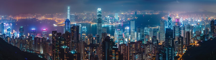 Fotobehang night cityscape panorama, ultrawide urban background or wallpaper (5) © Visual Craft