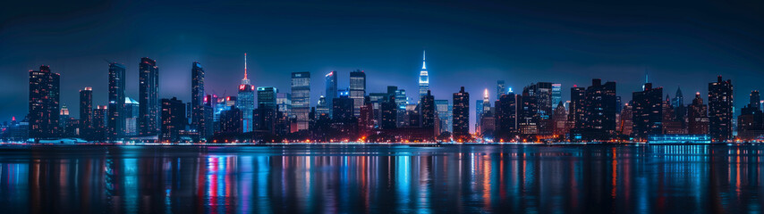 night cityscape panorama, ultrawide urban background or wallpaper (1) - obrazy, fototapety, plakaty