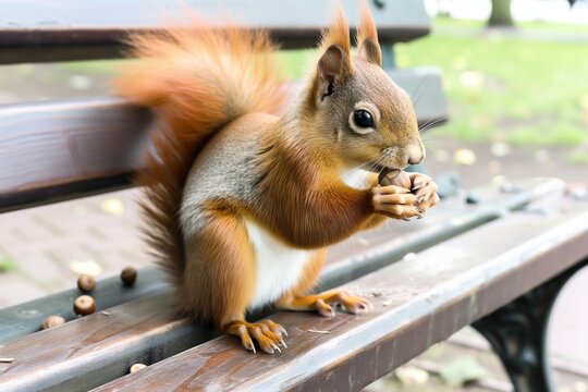 red squirrel nibbling on acorn on park bench