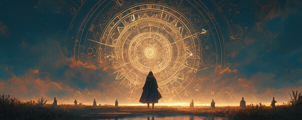 Ancient circular clock with glowing runes floating in the air above a mystical lake, surrounded by figures representing each zodiac sign casting long shadows on dark red sky at night - obrazy, fototapety, plakaty