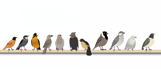 Many type of birdts stand on wooden bar with white background copy space for text. - 764578168