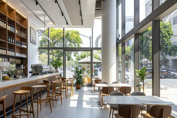 A modern cafe with sleek decor, minimalist furniture, and large windows offering views of the bustling city streets outside, Generative AI