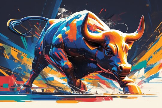 A charging bull with vibrant colors and a dynamic pose, set against a dark background, symbolizing strength in the stock market. 
