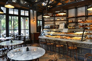 A Parisian-style cafe with wrought iron chairs, marble tabletops, and croissants displayed in bakery cases for a touch of elegance, Generative AI