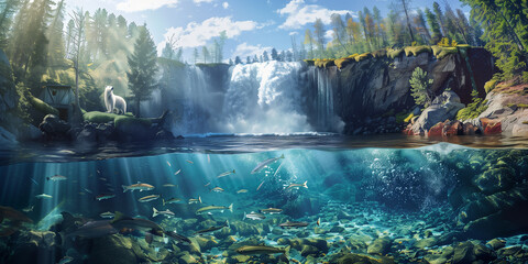 River with waterfall in northern, fishes under clear water and polar bear above water - obrazy, fototapety, plakaty